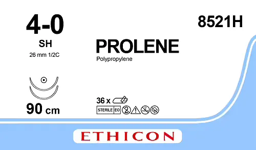 Ethicon Prolene Sutures USP 4-0, 1/2 Circle Taper Point SH Ethalloy Double Needle 8521H