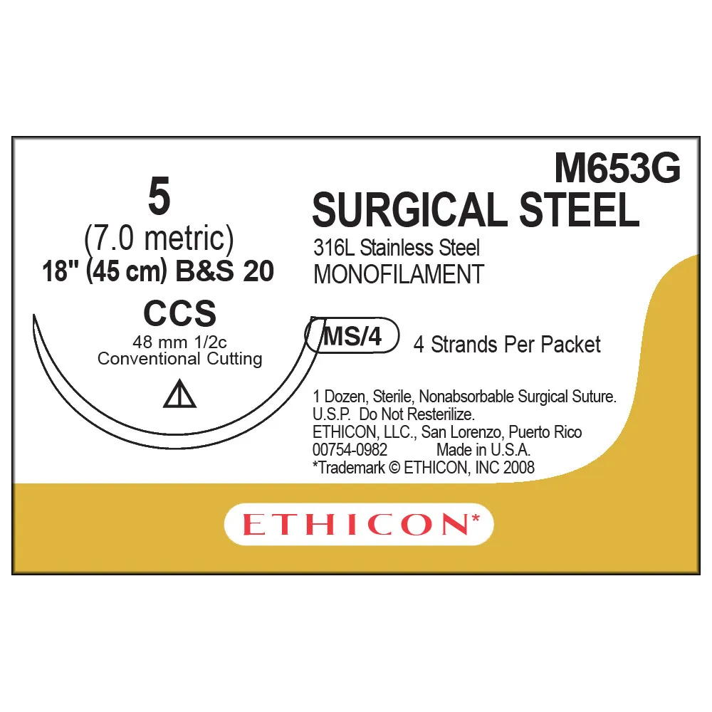 Ethicon Ethisteel Stainless Steel Sutures USP 5, 1/2 Circle Cutting CCS - M653