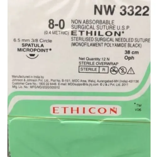 Ethicon Ethilon Sutures USP 8-0, 3/8 Circle Spatulated Mircopoint NW3322 -12 Foils