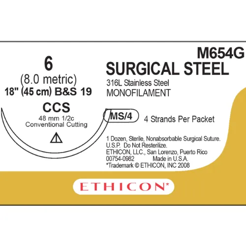 Ethicon Ethisteel Stainless Steel Sutures USP 6, 1/2 Circle Cutting CCS - M654G -12 Foils