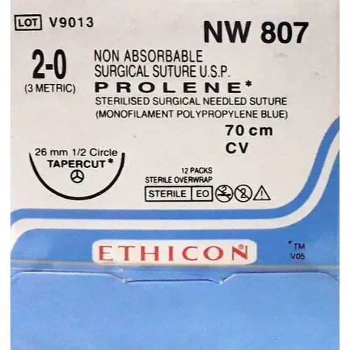 Ethicon Prolene Sutures USP 2-0, 1/2 Circle Tapercut - NW807 -12 Foils
