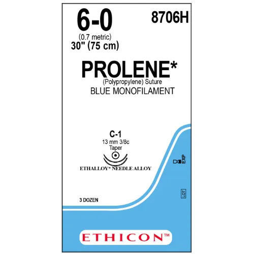 Ethicon Prolene Sutures USP 6-0, 3/8 Circle Taper Point C-1 Ethalloy Double Needle 8706H -12 Foils