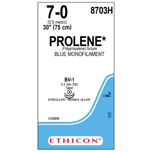 Ethicon Prolene Sutures USP 7-0, 3/8 Circle Taper Point BV-1 Ethalloy Double Needle 8703H -12 Foils