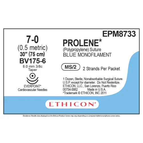 Ethicon Prolene Sutures USP 7-0, 3/8 Circle Taper Point BV 175-6 Double Needle EPM8733 -12 Foils