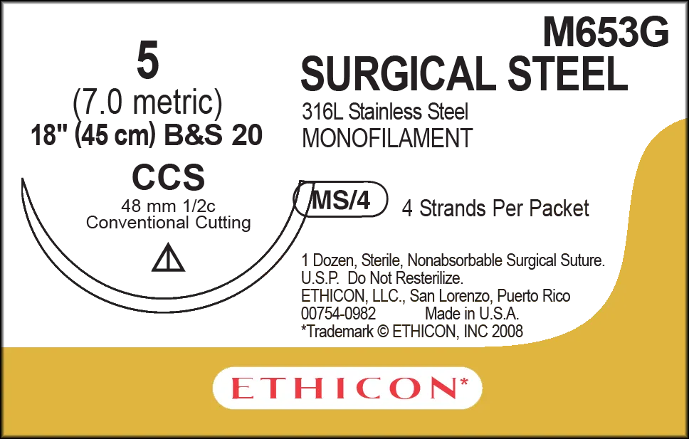 Ethicon Ethisteel Stainless Steel Sutures USP 5, 1/2 Circle Cutting CCS - M653G -12 Foils