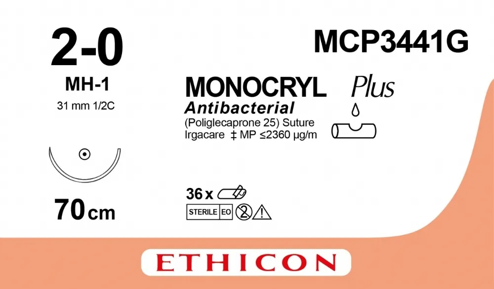 Ethicon Monocryl Plus Sutures USP 2-0, 1/2 Circle Round Body - MCP3441G