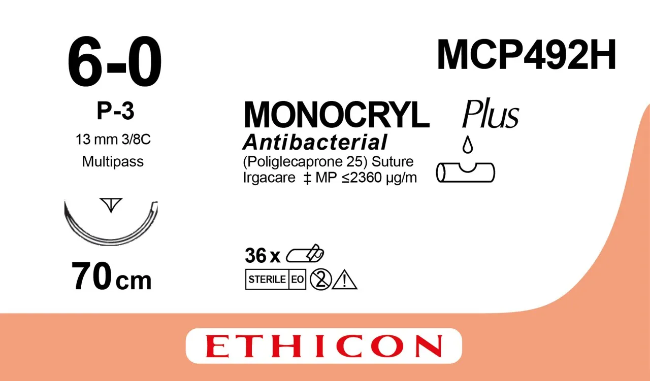 Monocryl Plus Sutures USP 6-0, 3/8 Circle Prime Multipass - MCP492H