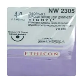 Ethicon Vicryl Sutures USP 4-0, 1/2 Circle Round Body - NW2305P