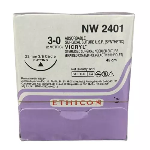 Ethicon Vicryl Sutures USP 3-0, 3/8 Circle Round Body - NW2401