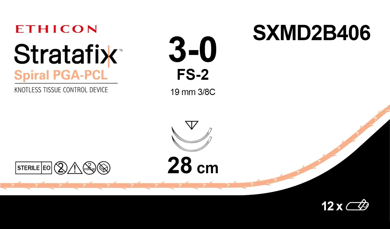 Ethicon Stratafix Spiral PGA-PCL Bidirectional Sutures USP 3-0, 3/8 Circle Reverse Cutting FS-2 - SXMD2B406
