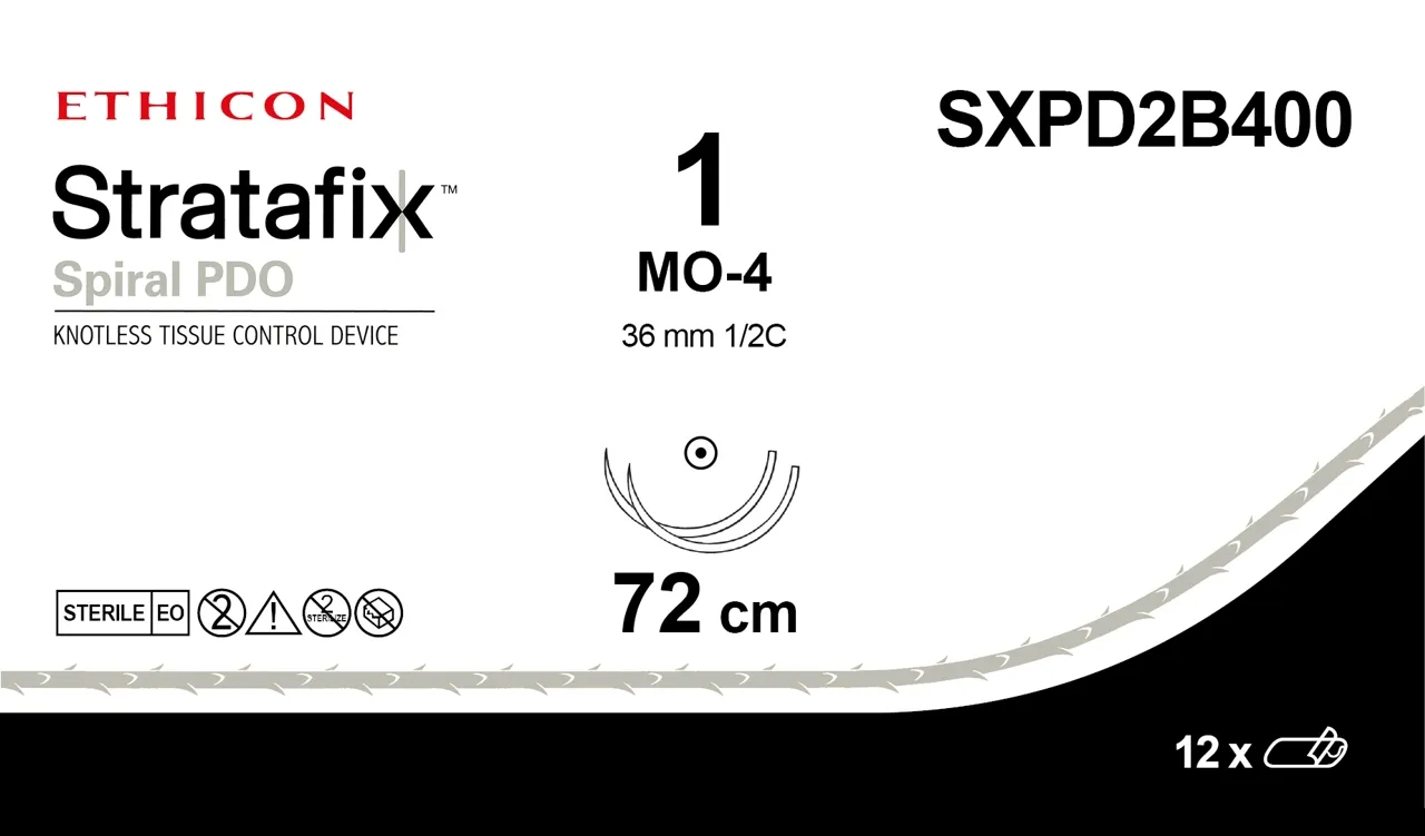 Ethicon STRATAFIX Spiral PDO Suture, Taper Point, Absorbable, MO-4 36mm 1/2 Circle, 36cm X 36cm Bidirectional - SXPD2B400