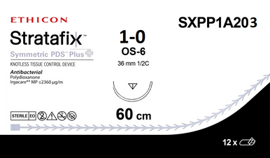 Ethicon STRATAFIX Symmetric PDS Plus Suture, Cutting Edge Reverse, Absorbable, OS-6 36mm 1/2 Circle, 24" = 60cm, Size 1-0 - SXPP1A203