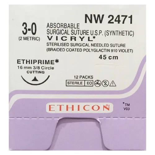 Ethicon Vicryl Sutures USP 3-0, 3/8 Circle Cutting PC 3 Ethiprime - NW2471