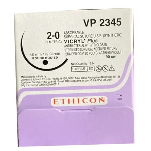 Ethicon Vicryl Plus Sutures USP 2-0, 1/2 Circle Round Body VP2345