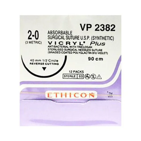 Ethicon Vicryl Plus Sutures USP 2-0, 1/2 Circle Reverse Cutting - VP2382