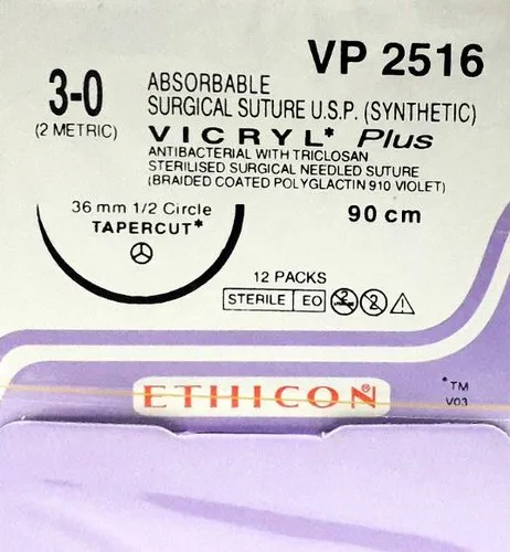 Ethicon Vicryl Plus Sutures USP 3-0, 1/2 Circle Tapercut - VP 2516P