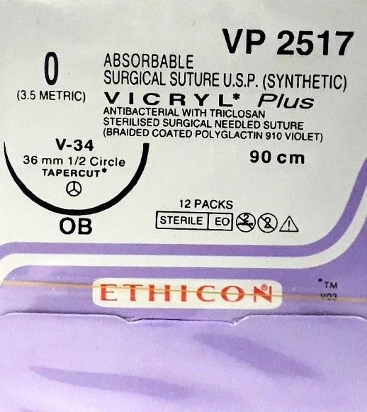 Ethicon Vicryl Plus Sutures USP 0, 1/2 Circle Tapercut V-34 OB - VP 2517