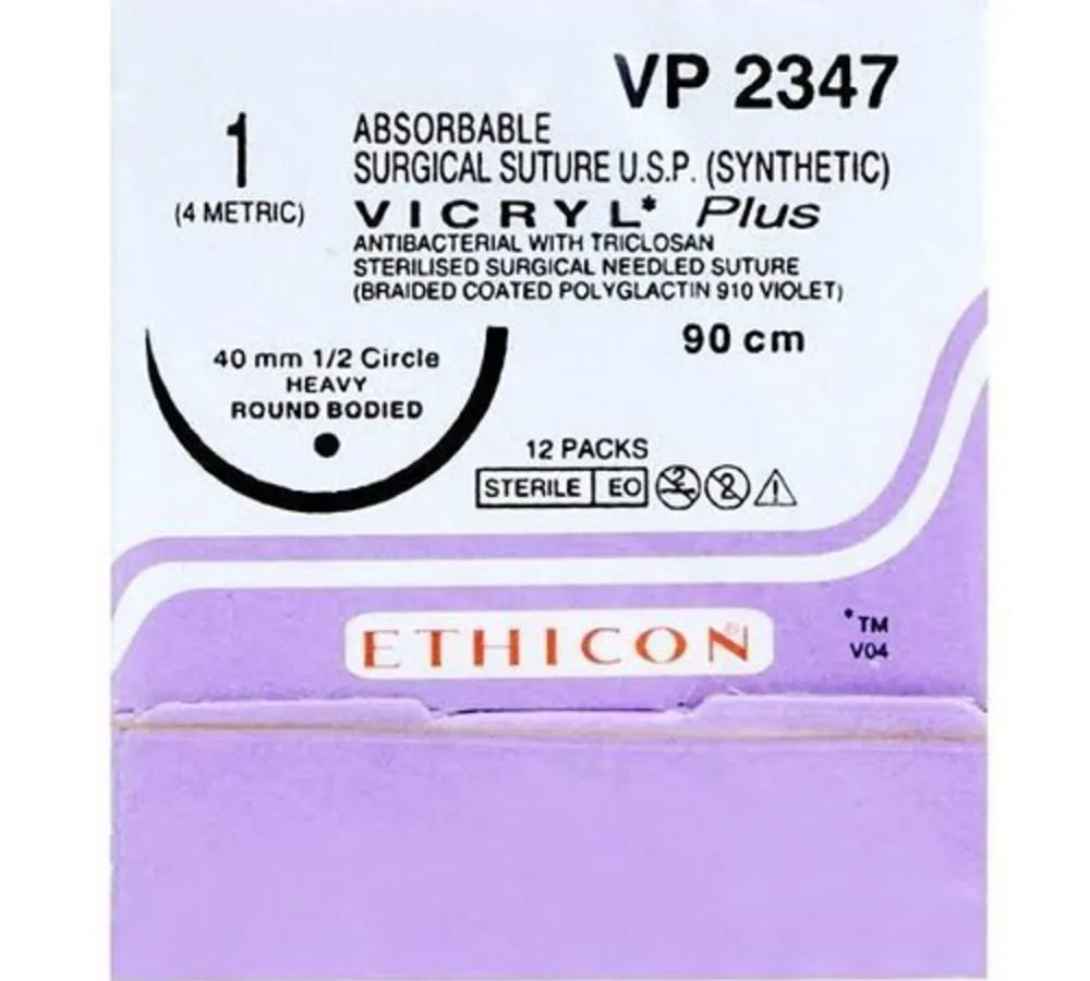 Ethicon Vicryl Plus Sutures USP 1, 1/2 Circle Round Body Heavy VP 2347
