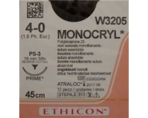 Ethicon Monocryl Sutures USP 4-0, 3/8 Circle Reverse Cutting PS-3 Prime - W3205