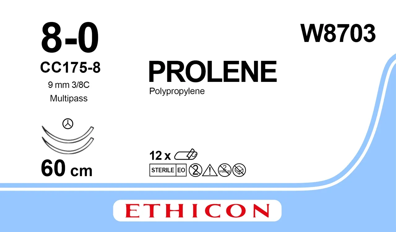 Ethicon Prolene Sutures USP 8-0, 3/8 Circle CC Double Needle W8703