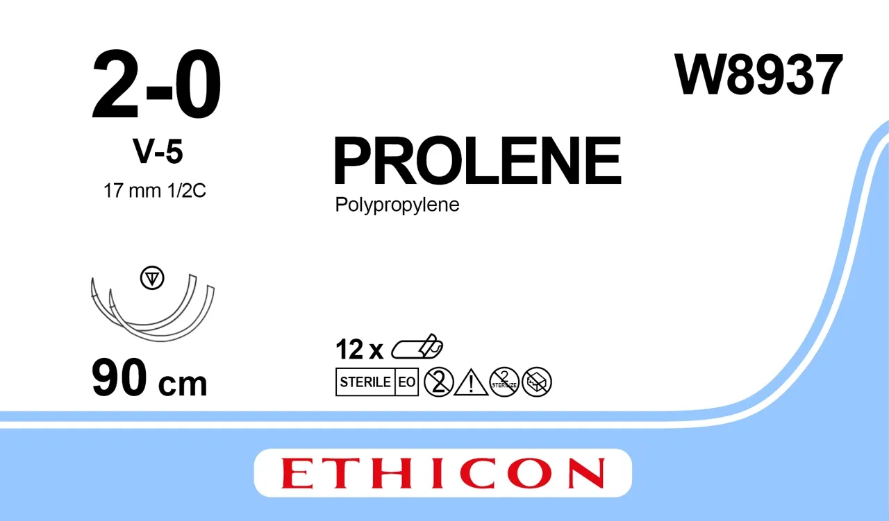 Ethicon Prolene Sutures USP 2-0, 1/2 Circle Tapercut V-5 Double Needle W8937