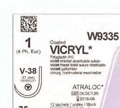 Ethicon Vicryl Sutures USP 1, Fish Hook Tapercut V-38 - W9335