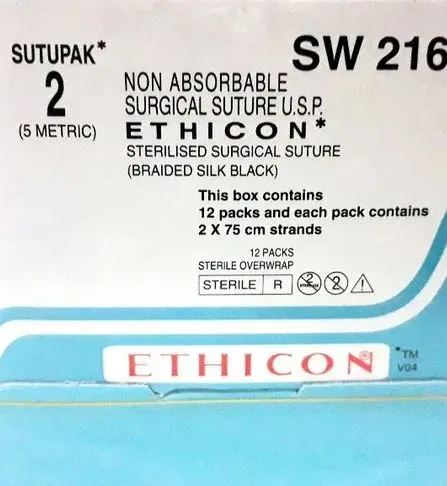 Ethicon Sutupak Silk Sutures USP 2, Needleless - SW216 -12 Foils