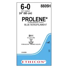 Ethicon Prolene Sutures USP 6-0, 3/8 Circle Taper Point BV-1 Ethalloy Double Needle 8805H -12 Foils