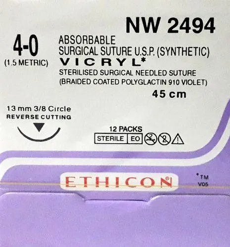 Ethicon Vicryl Sutures USP 4-0, 3/8 Circle Reverse Cutting - NW 2494