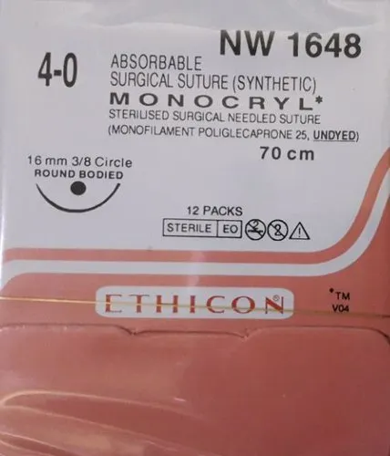 Ethicon Monocryl Sutures USP 4-0, 3/8 Circle Round Body - NW1648 -12 Foils