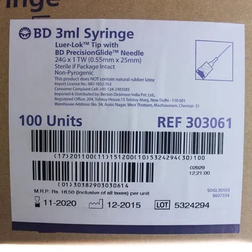BD 3ml Syringe Luer Lok Tip with Bd Precisionglide Needle - 100 Units Pack